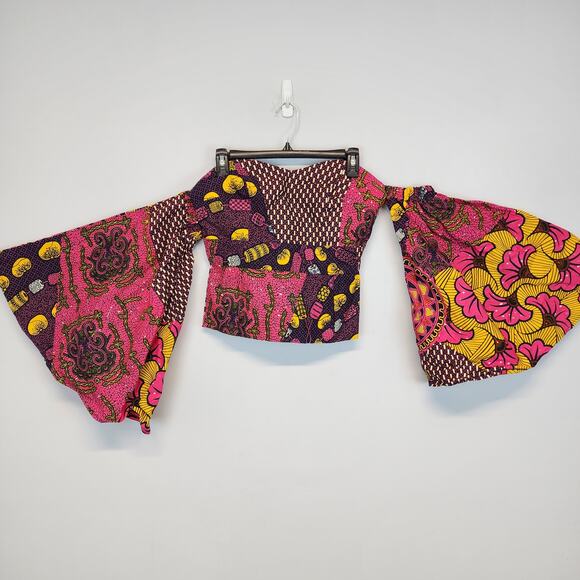 Womens African Ankara Top Size S Flare Sleeve Multicolor Handmade Psychedelic - Picture 6 of 13